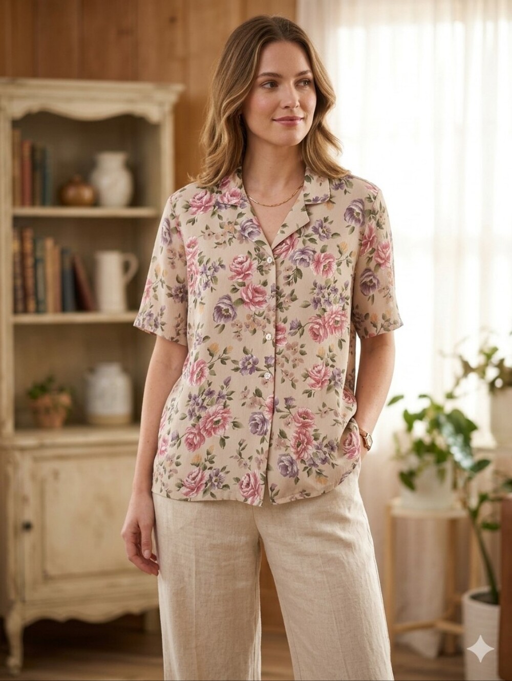 BonWorth Vintage 90s Floral Button Up Shirt Women Short Sleeve Crinkle Chiffon
